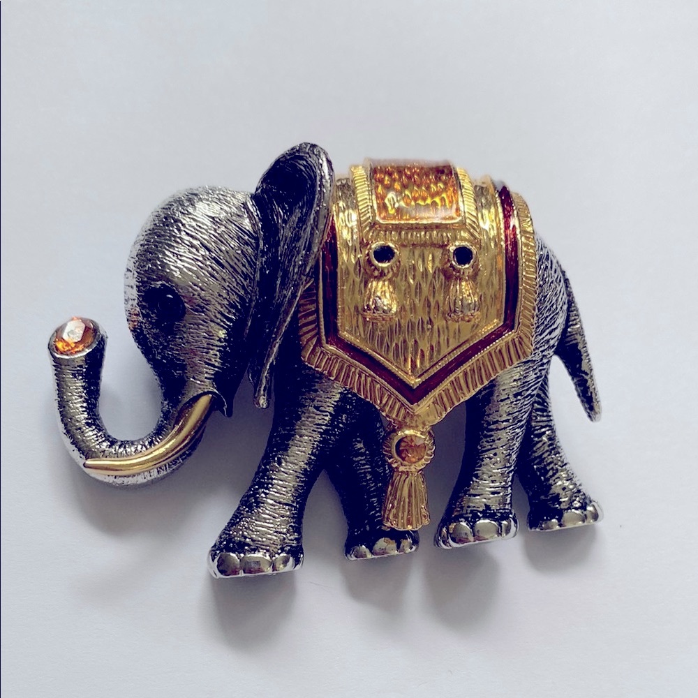 Gold and Silver Elephant Brooch with Amber Accent